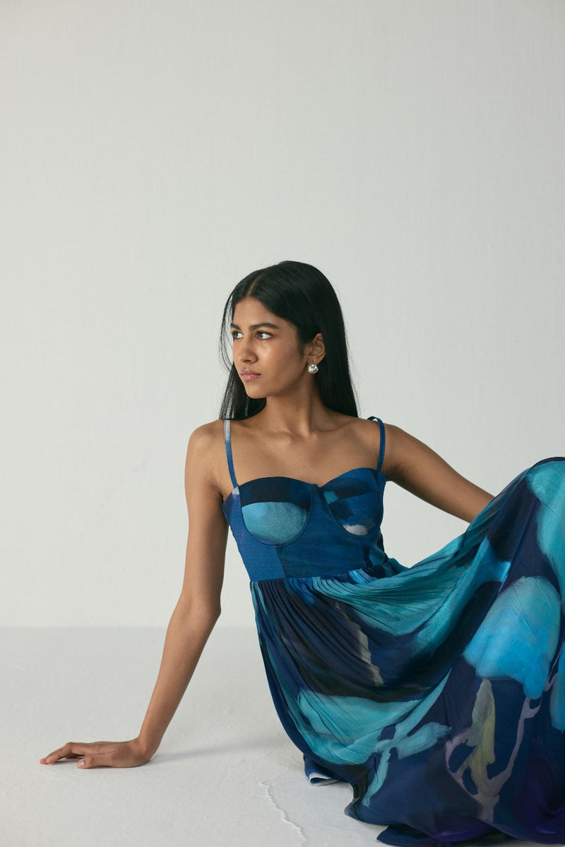 BLUE LAGOON CREPE BRALETTE DRESS by Yam in blue color for women Worldwide