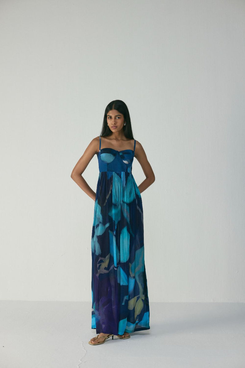 BLUE LAGOON CREPE BRALETTE DRESS by Yam in blue color for women Worldwide