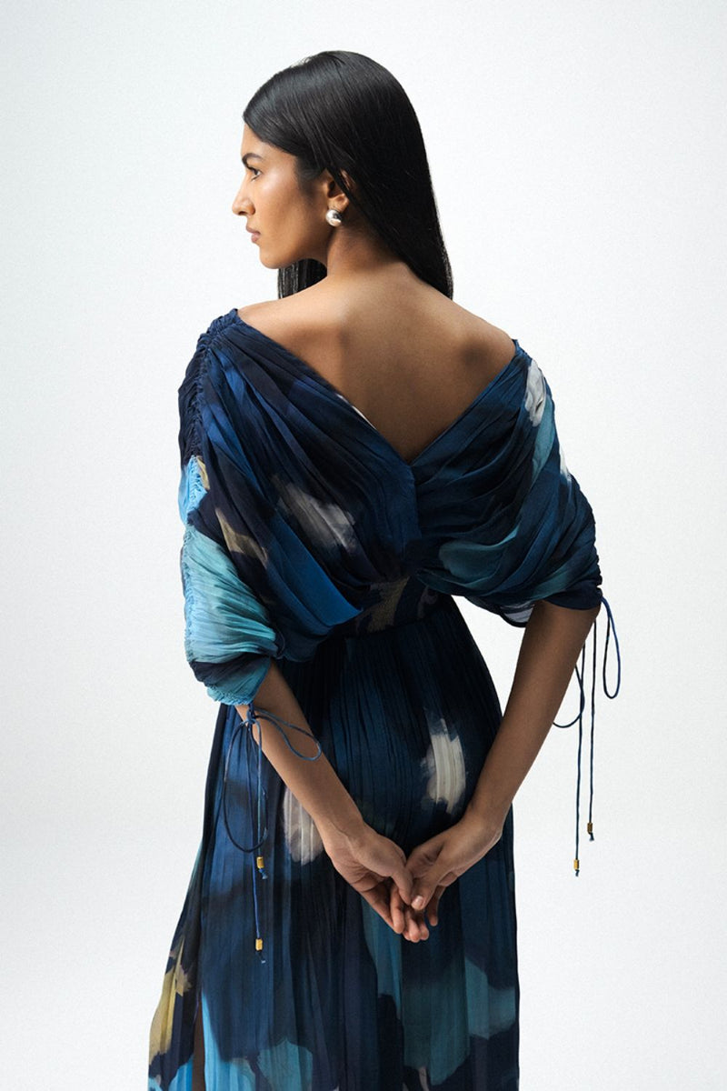 BLUE LAGOON DRAPED DRESS by Yam in blue color for women Worldwide
