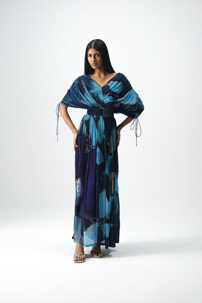 BLUE LAGOON DRAPED DRESS by Yam in blue color for women Worldwide