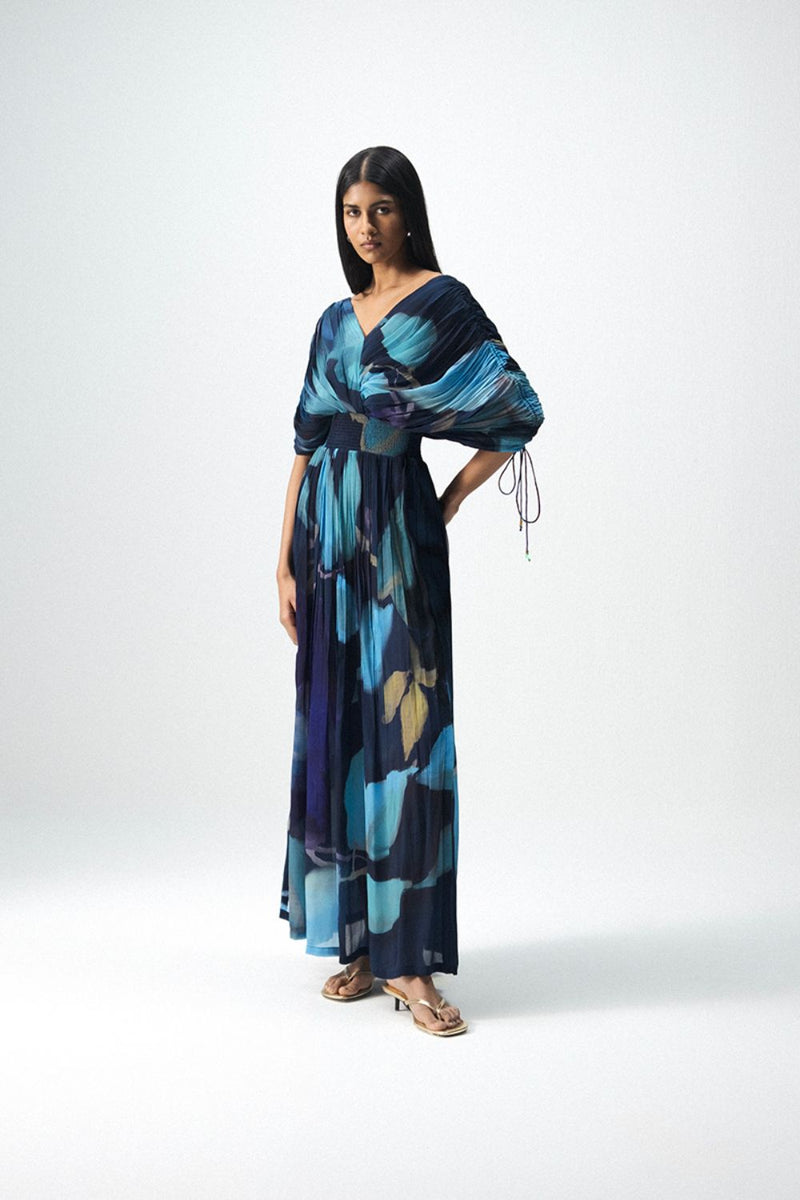 BLUE LAGOON DRAPED DRESS by Yam in blue color for women Worldwide