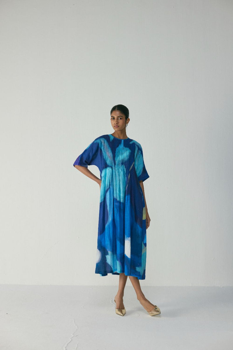BLUE LAGOON PINTUCKS DRESS by Yam in blue color for women Worldwide