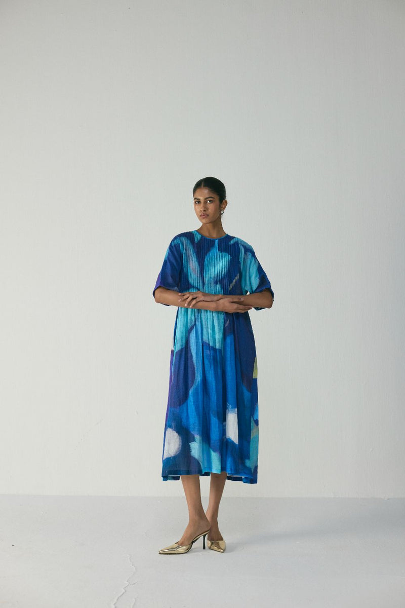 BLUE LAGOON PINTUCKS DRESS by Yam in blue color for women Worldwide