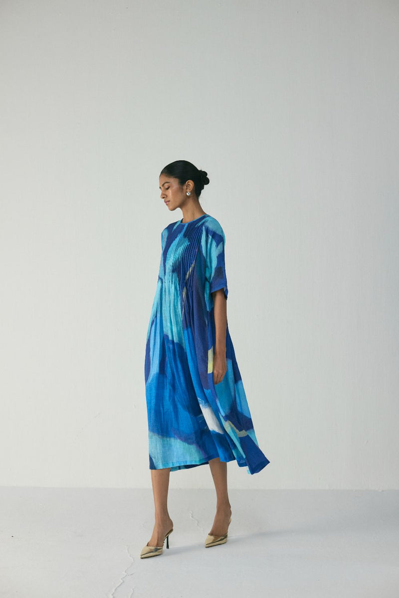 BLUE LAGOON PINTUCKS DRESS by Yam in blue color for women Worldwide