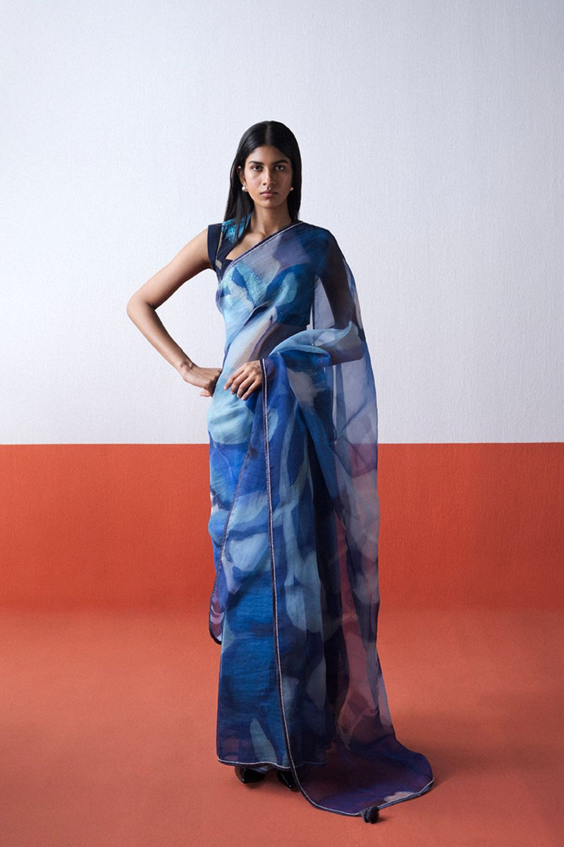 BLUE LAGOON ORGANZA SAREE organza by Yam in blue color for women Worldwide