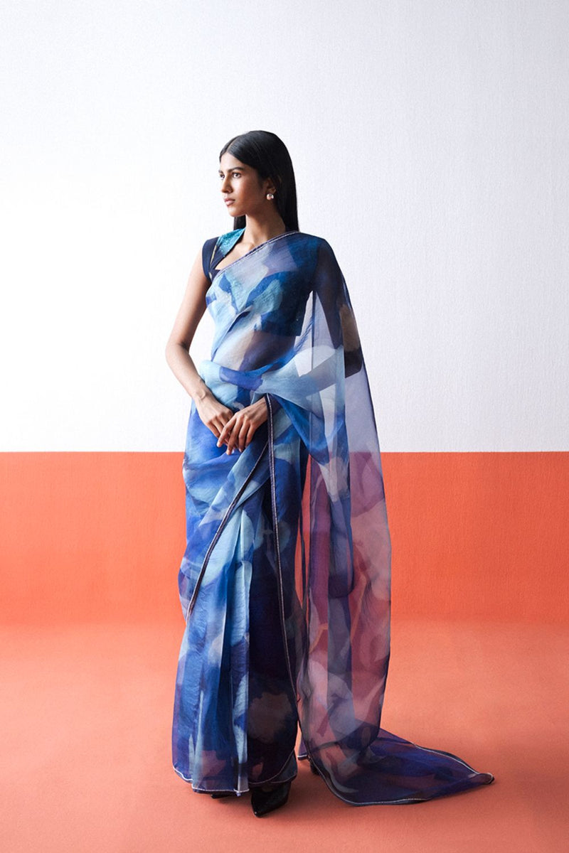 BLUE LAGOON ORGANZA SAREE organza by Yam in blue color for women Worldwide