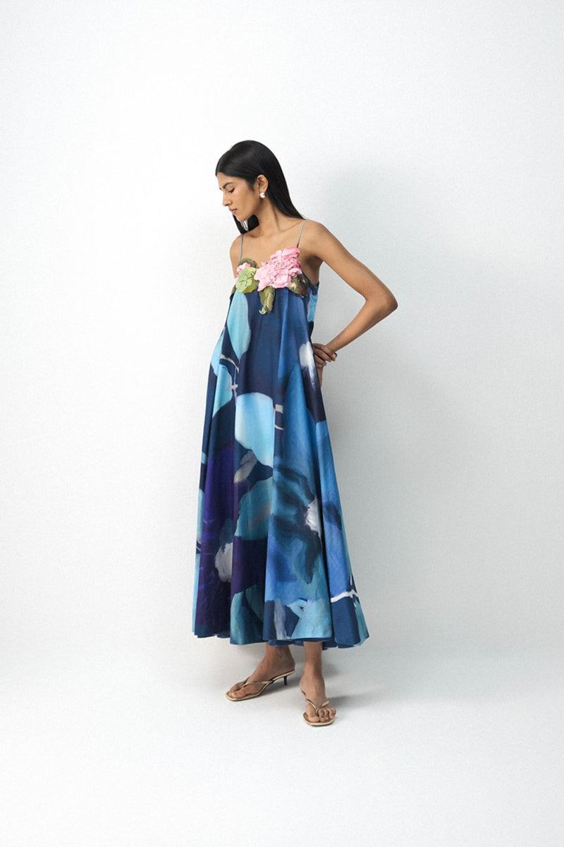 BLUE LAGOON PATCHWORK DRESS satin by Yam in blue color for women Worldwide