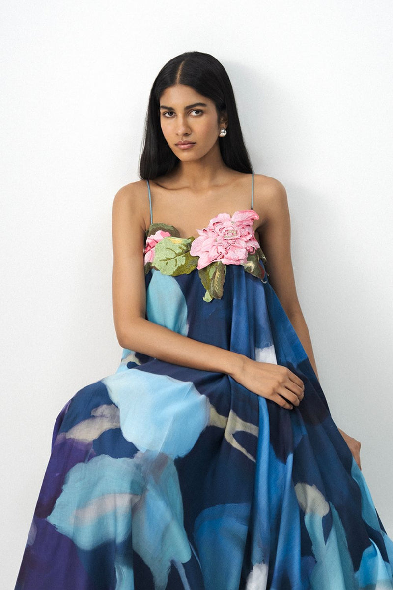 BLUE LAGOON PATCHWORK DRESS satin by Yam in blue color for women Worldwide