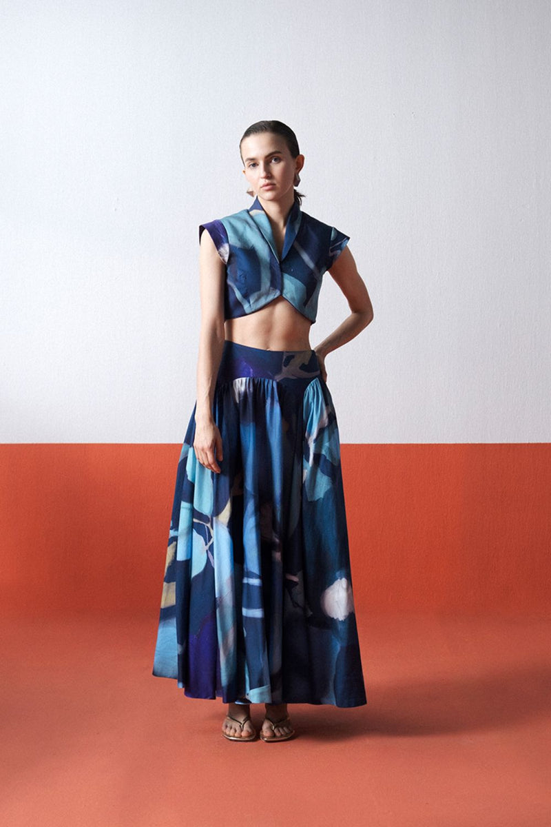 BLUE LAGOON SKIRT SET satin by Yam in blue color for women Worldwide