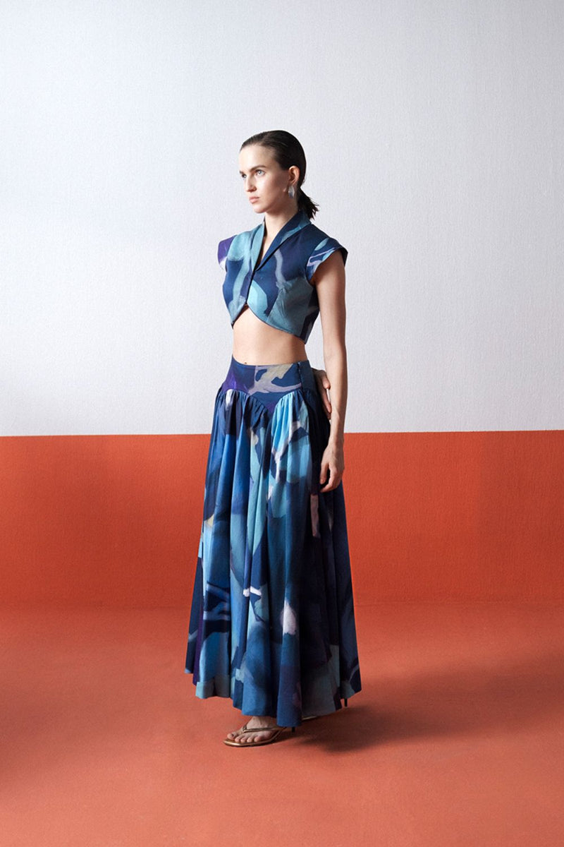 BLUE LAGOON SKIRT SET satin by Yam in blue color for women Worldwide