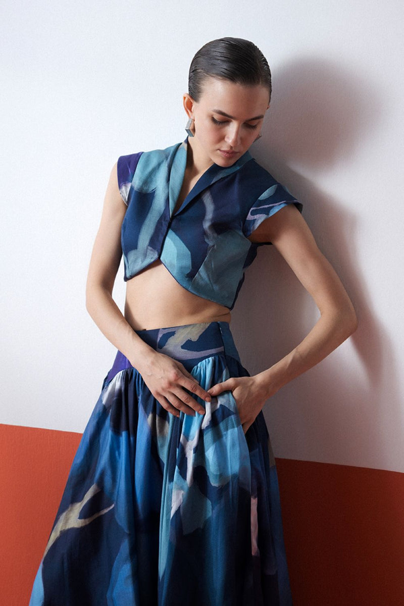 BLUE LAGOON SKIRT SET satin by Yam in blue color for women Worldwide