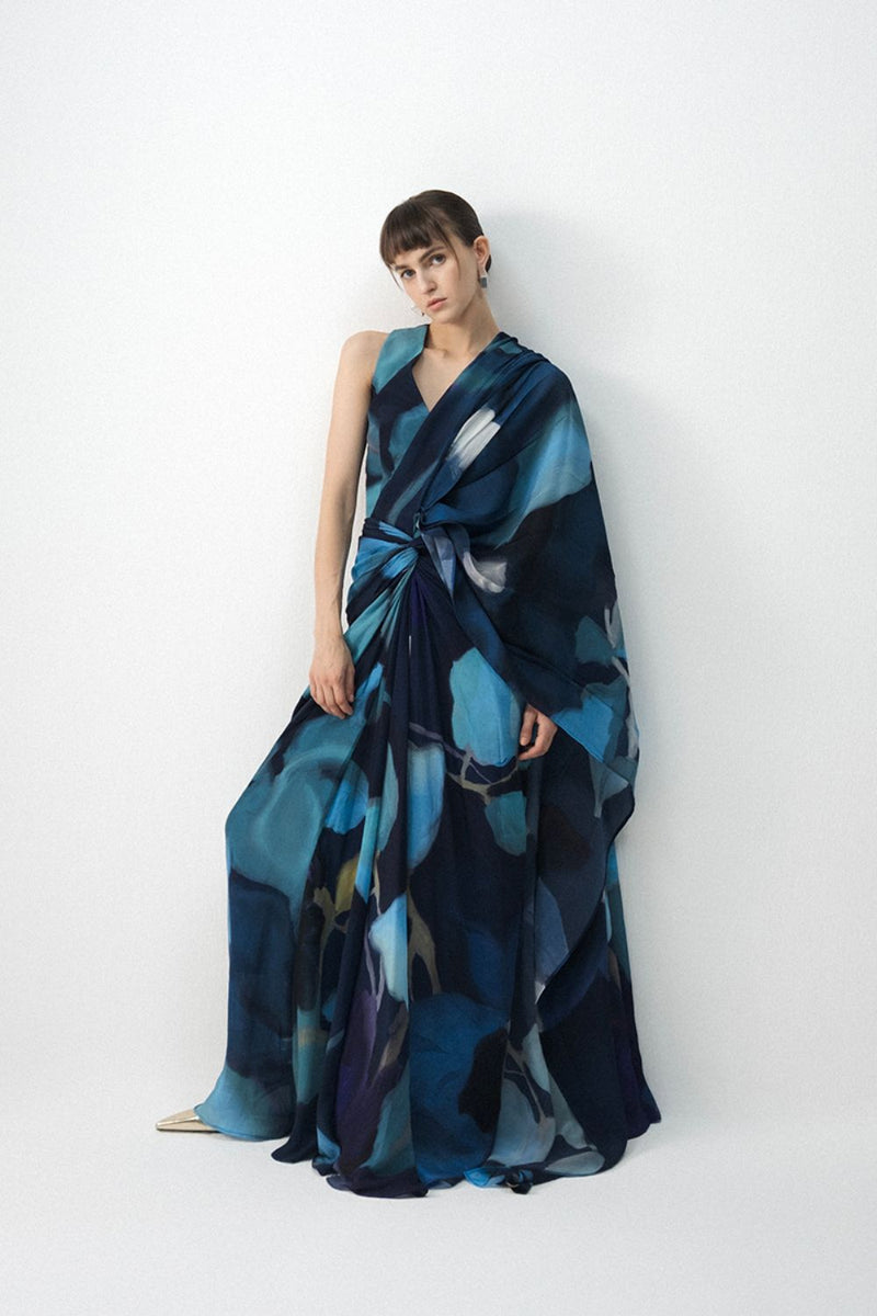 BLUE LAGOON TOP & PRE- DRAPED SAREE SET by Yam in blue color for women Worldwide