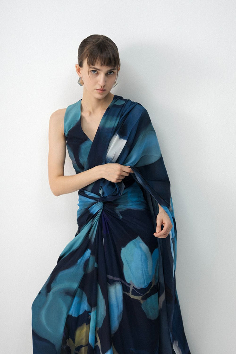 BLUE LAGOON TOP & PRE- DRAPED SAREE SET by Yam in blue color for women Worldwide