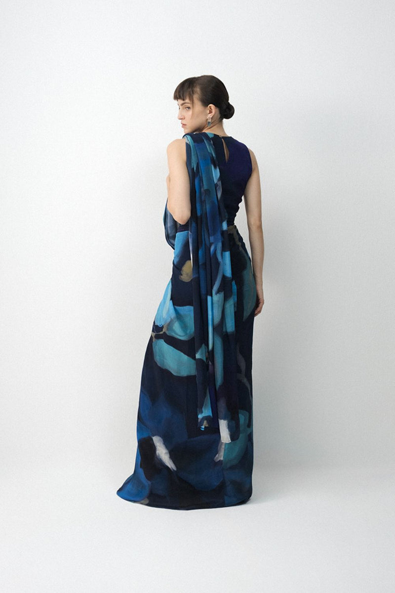 BLUE LAGOON TOP & PRE- DRAPED SAREE SET by Yam in blue color for women Worldwide