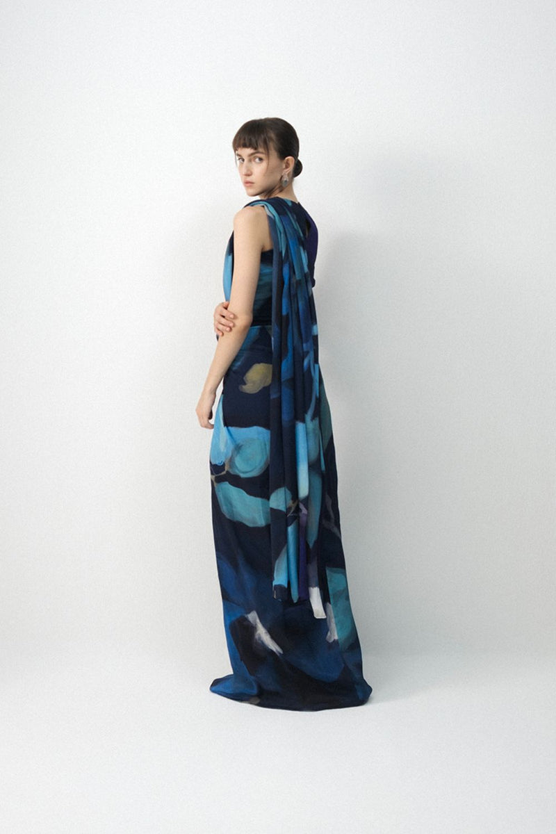 BLUE LAGOON TOP & PRE- DRAPED SAREE SET by Yam in blue color for women Worldwide