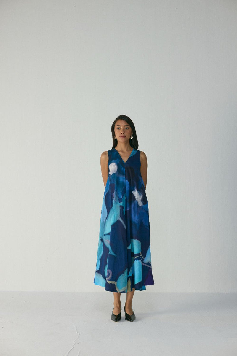 BLUE LAGOON V NECK DRESS satin by Yam in blue color for women Worldwide
