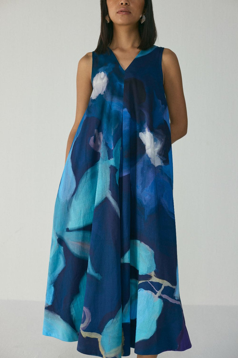 BLUE LAGOON V NECK DRESS satin by Yam in blue color for women Worldwide