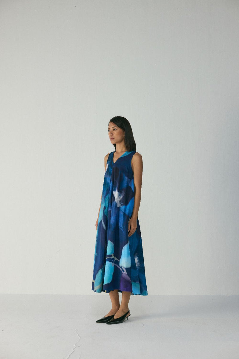 BLUE LAGOON V NECK DRESS satin by Yam in blue color for women Worldwide