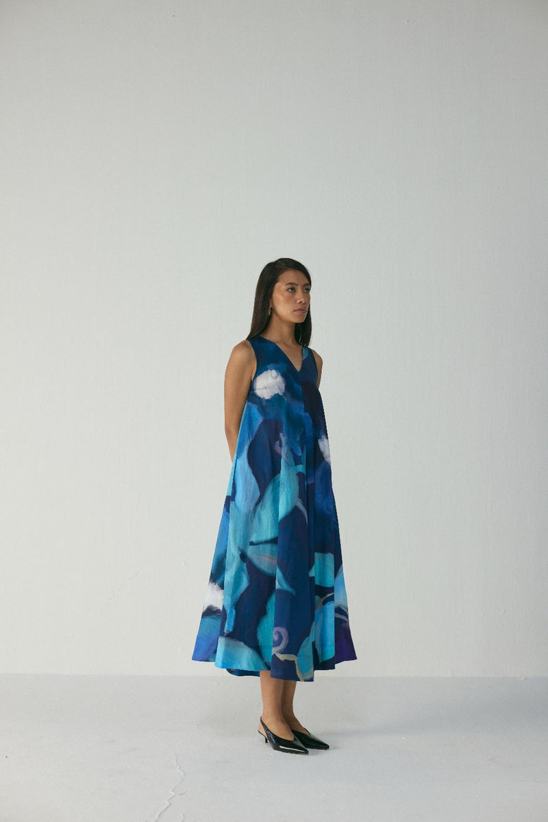 BLUE LAGOON V NECK DRESS satin by Yam in blue color for women Worldwide