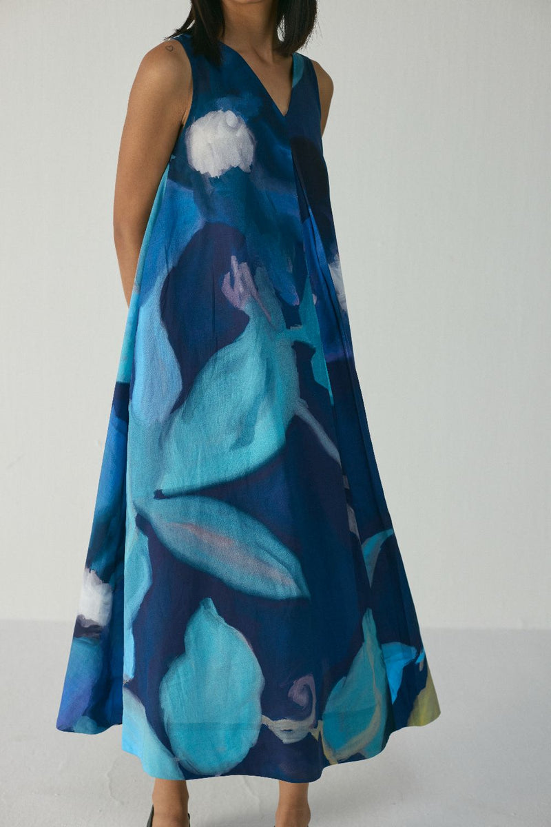 BLUE LAGOON V NECK DRESS satin by Yam in blue color for women Worldwide