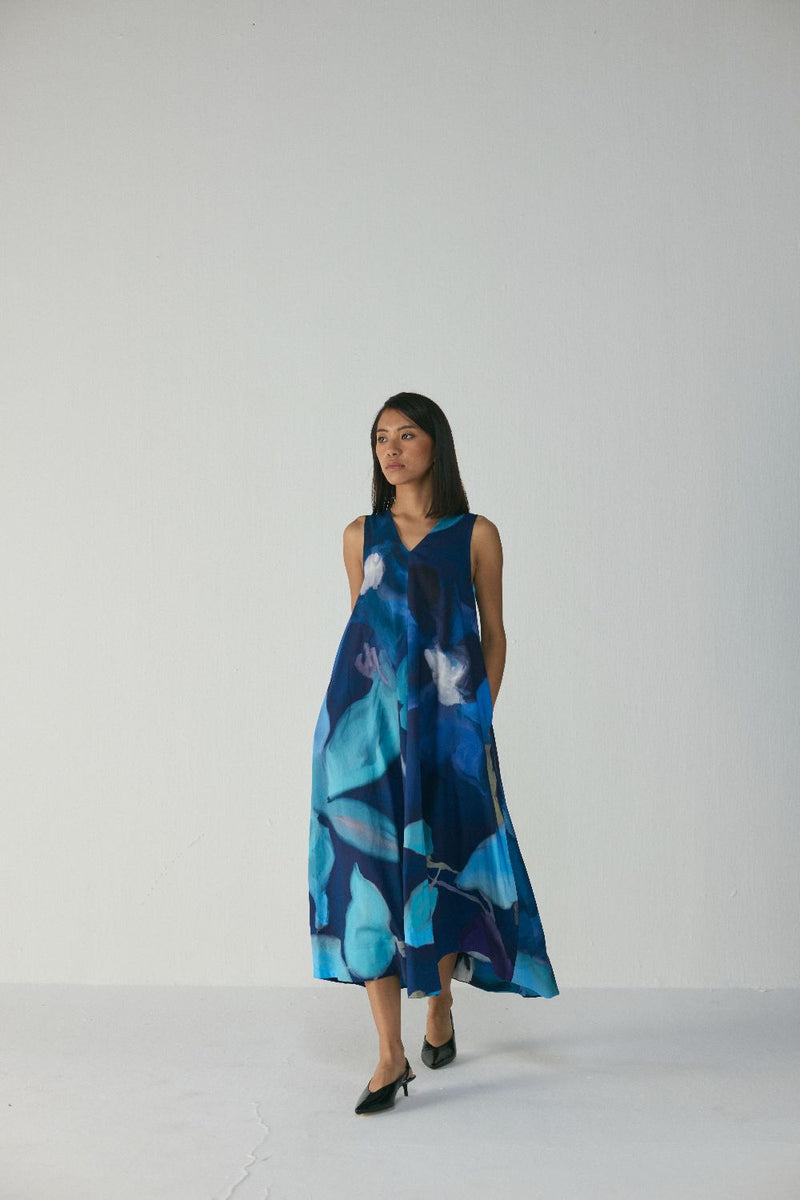 BLUE LAGOON V NECK DRESS satin by Yam in blue color for women Worldwide