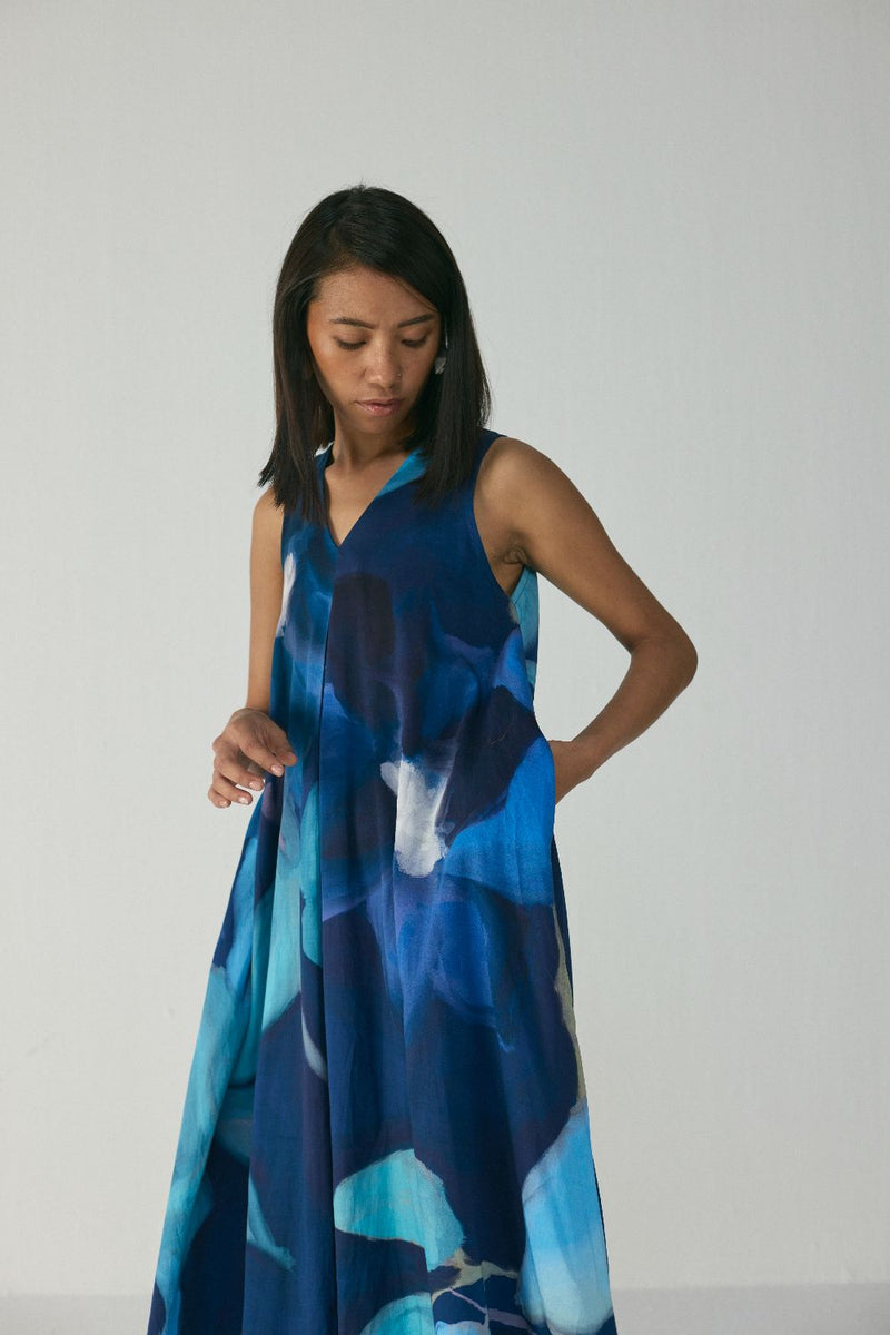 BLUE LAGOON V NECK DRESS satin by Yam in blue color for women Worldwide