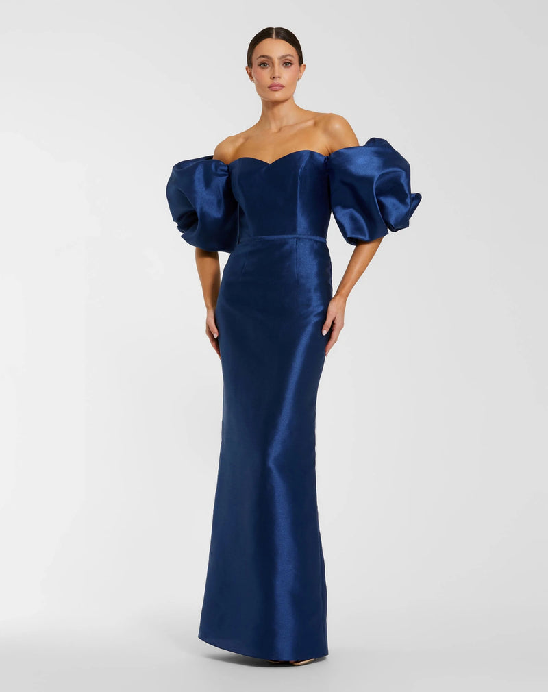 27276-Blue Off The Shoulder Puff Sleeve Satin Evening Gown polyester evening-gowns by Mac Duggal in blue for women Worldwide