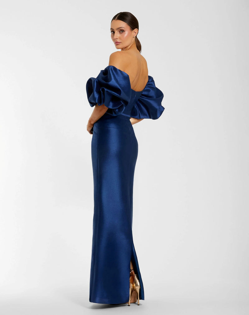 27276-Blue Off The Shoulder Puff Sleeve Satin Evening Gown polyester evening-gowns by Mac Duggal in blue for women Worldwide