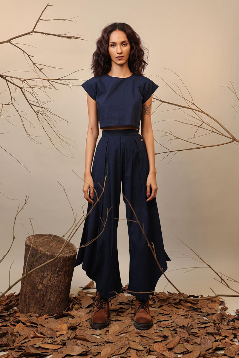 Blue PL Cowl Pants 100% cotton by Mati in blue color for women Worldwide