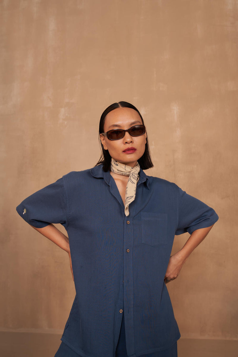 Blue Palm Organic Cotton Unisex Shirt by SUI in navy color for women Worldwide