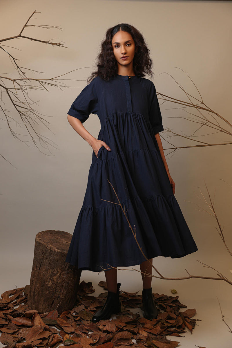 Blue Raglan Tiered Dress 100% cotton by Mati in blue color for women Worldwide