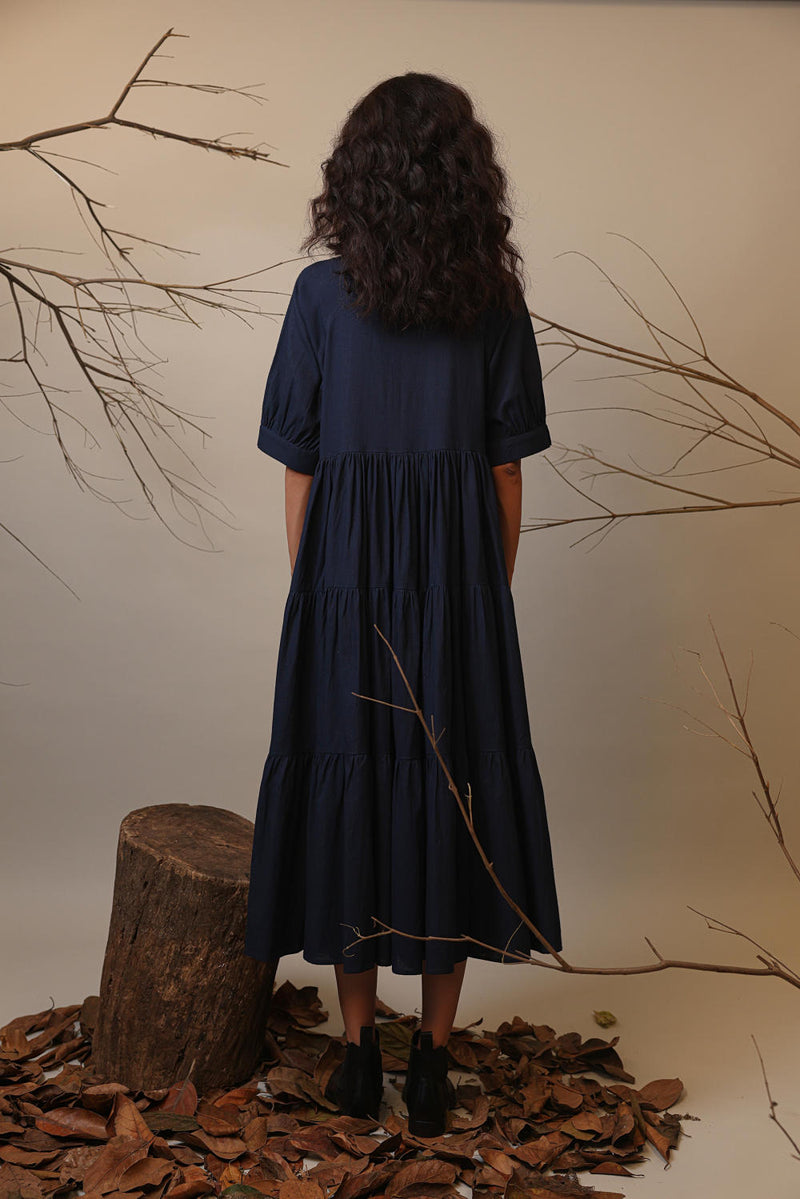 Blue Raglan Tiered Dress 100% cotton by Mati in blue color for women Worldwide