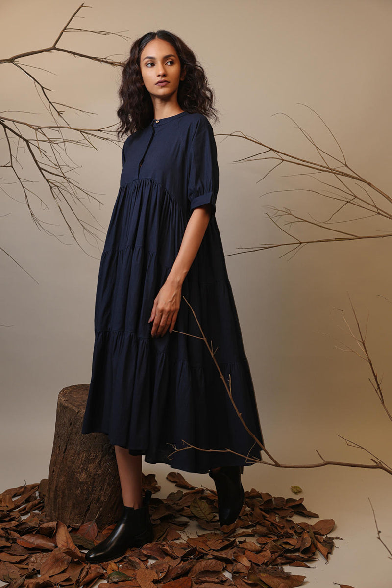 Blue Raglan Tiered Dress 100% cotton by Mati in blue color for women Worldwide