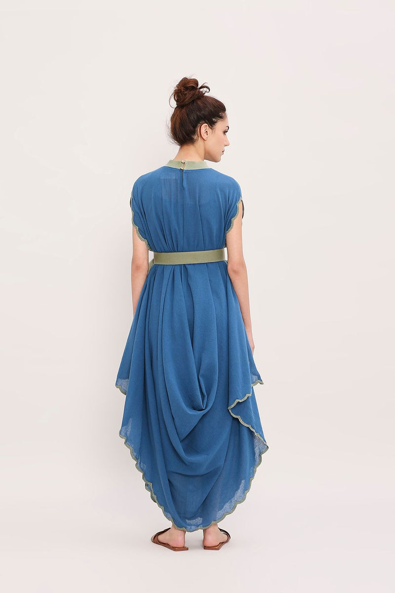 Blue Ribbed Scallop Cowl Dress cotton by Mati in blue color for women Worldwide