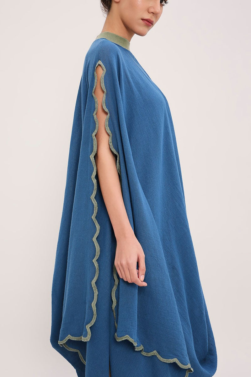 Blue Ribbed Scallop Cowl Dress cotton by Mati in blue color for women Worldwide