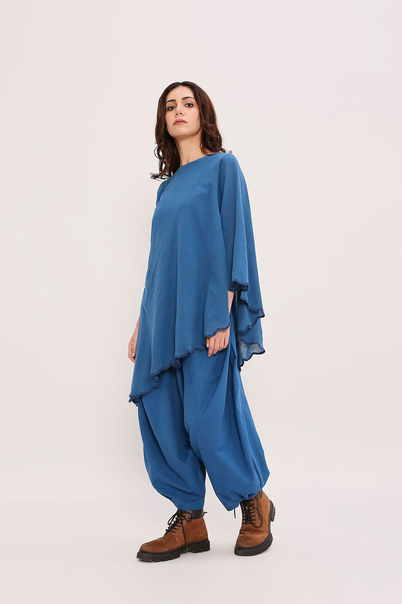 Blue Ribbed Scallop Tunic Set (2 PCS) cotton by Mati in blue color for women Worldwide