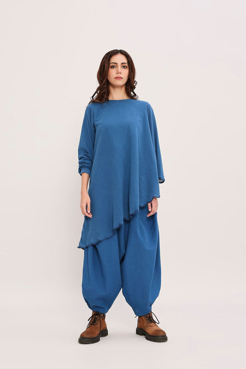 Blue Ribbed Scallop Tunic Set (2 PCS) cotton by Mati in blue color for women Worldwide