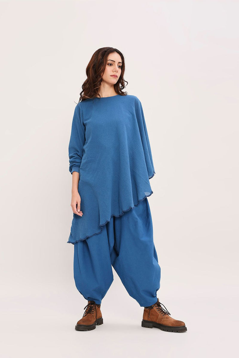 Blue Ribbed Scallop Tunic Set (2 PCS) cotton by Mati in blue color for women Worldwide