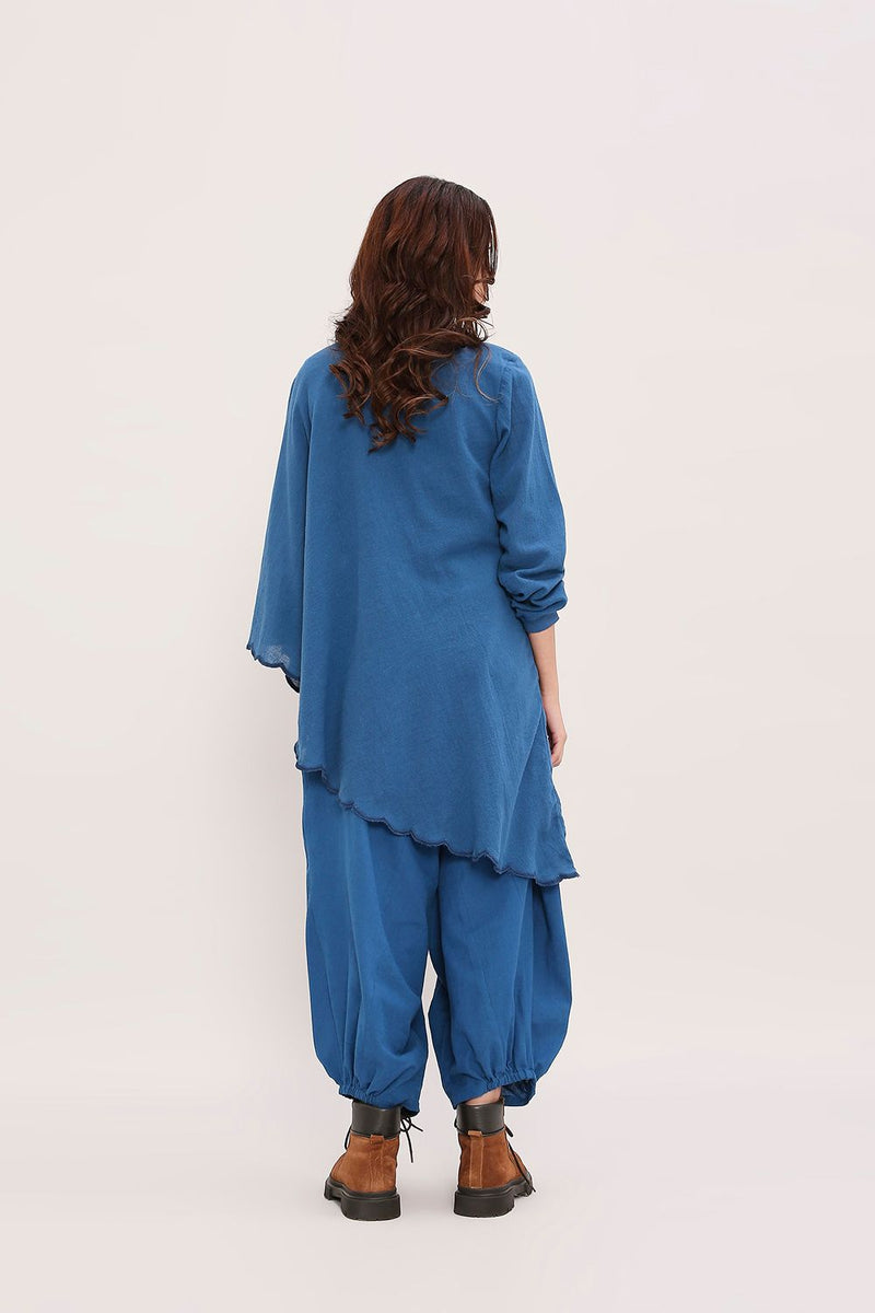 Blue Ribbed Scallop Tunic Set (2 PCS) cotton by Mati in blue color for women Worldwide