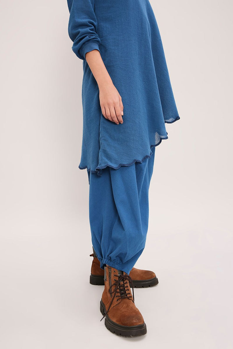 Blue Ribbed Scallop Tunic Set (2 PCS) cotton by Mati in blue color for women Worldwide
