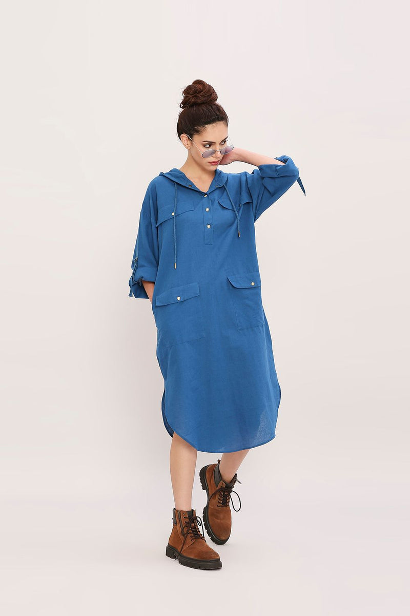 Blue Safari Pocket Hooded Dress cotton by Mati in blue color for women Worldwide