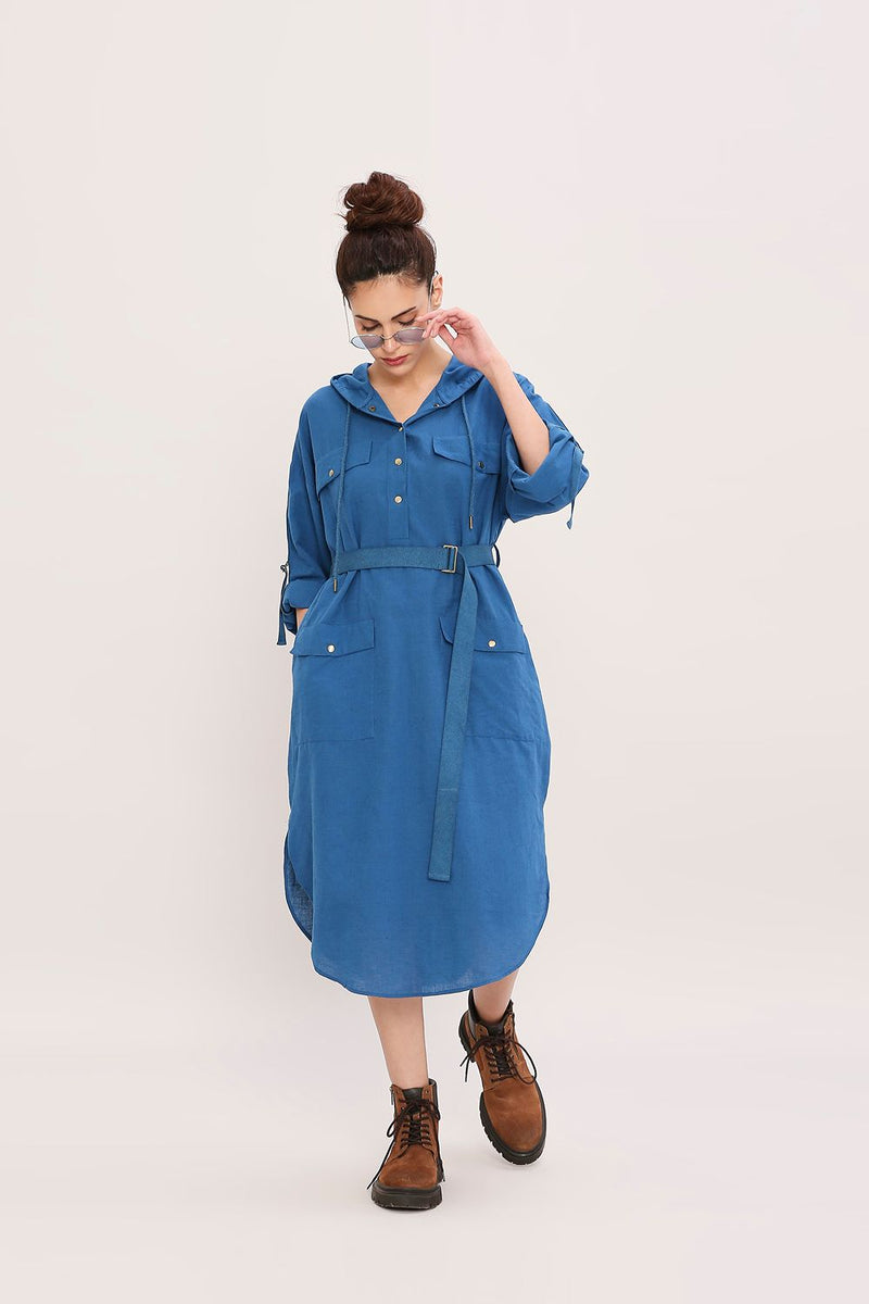 Blue Safari Pocket Hooded Dress cotton by Mati in blue color for women Worldwide