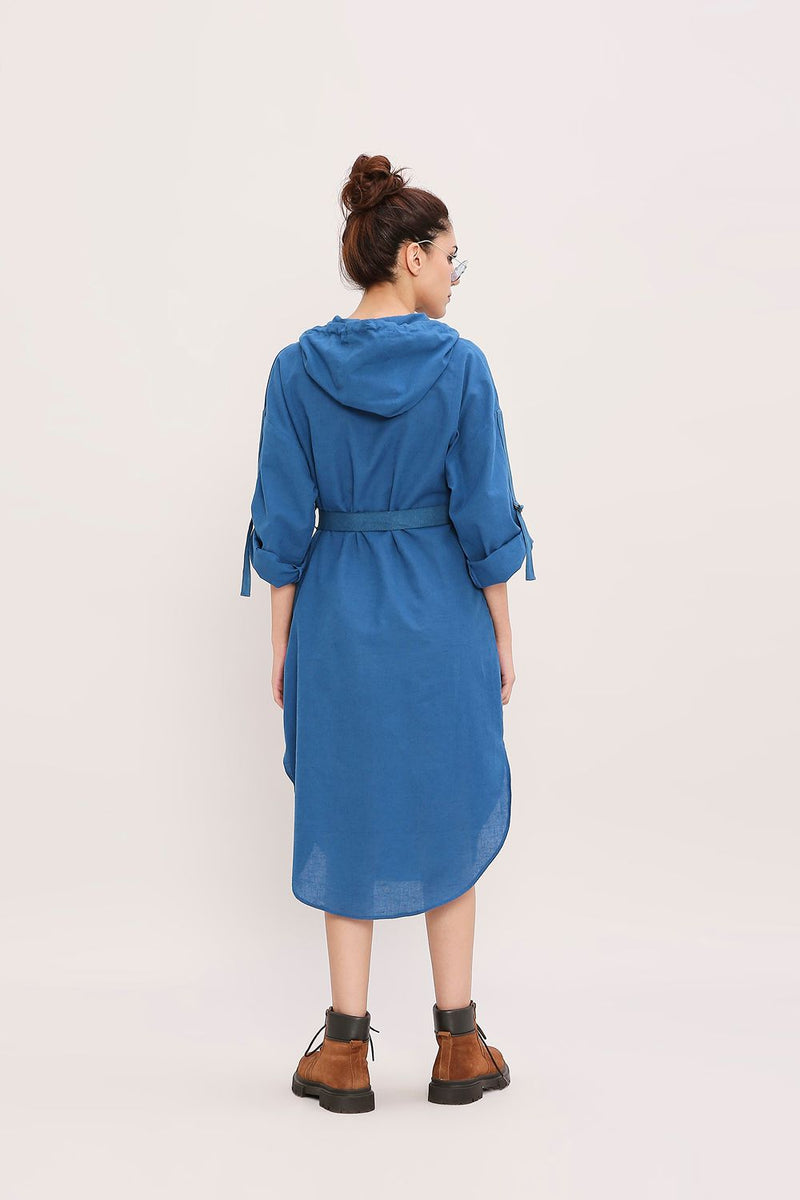 Blue Safari Pocket Hooded Dress cotton by Mati in blue color for women Worldwide