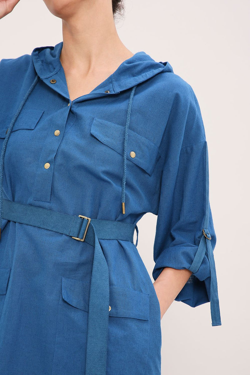 Blue Safari Pocket Hooded Dress cotton by Mati in blue color for women Worldwide