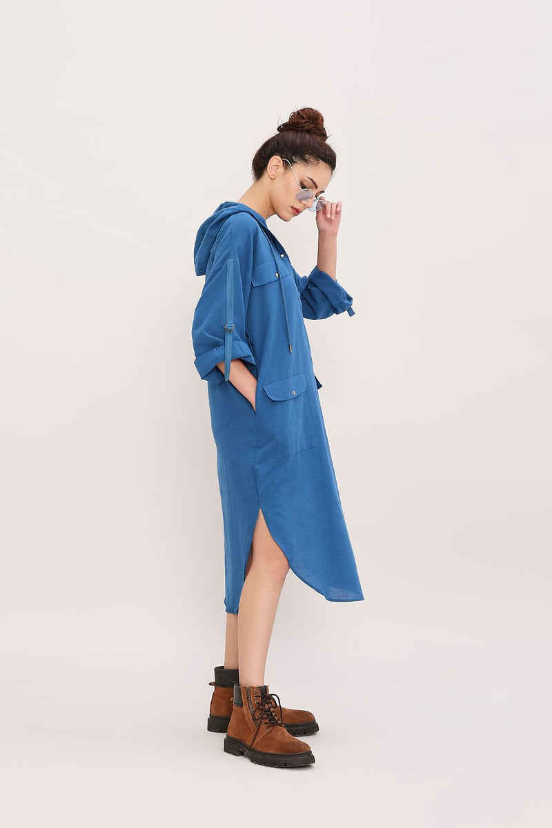 Blue Safari Pocket Hooded Dress cotton by Mati in blue color for women Worldwide