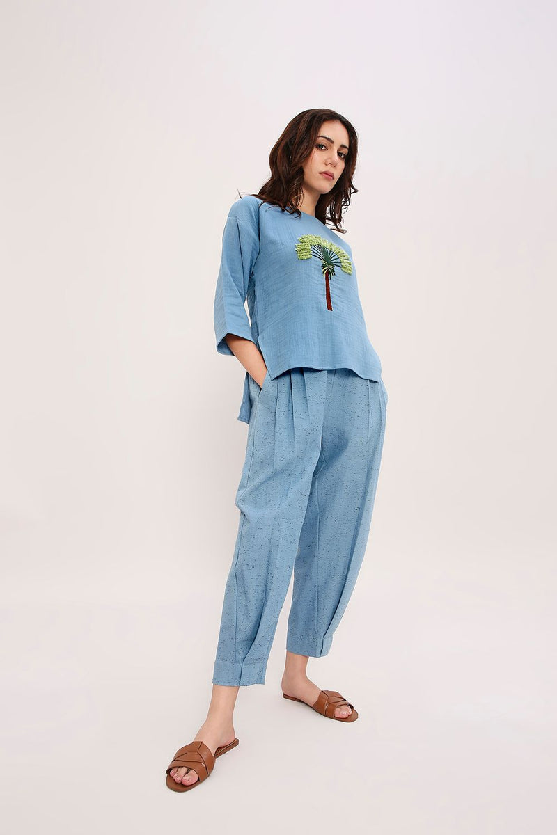 Blue Textured Cotton Dotted Pants cotton by Mati in blue color for women Worldwide