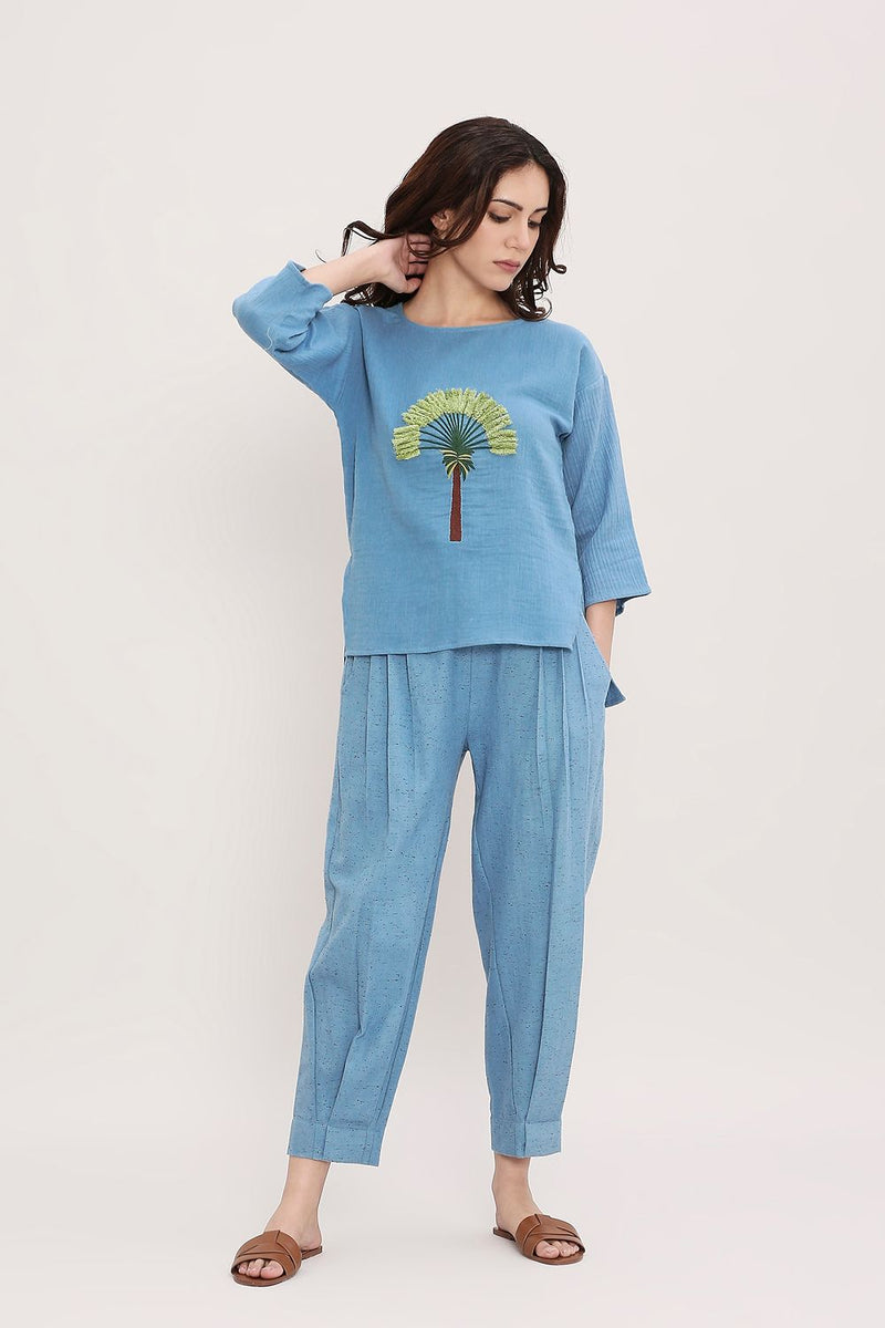 Blue Textured Cotton Dotted Pants cotton by Mati in blue color for women Worldwide