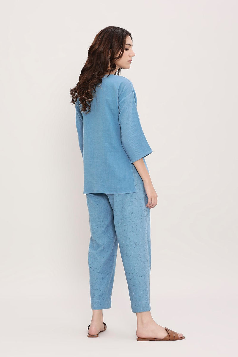Blue Textured Cotton Dotted Pants cotton by Mati in blue color for women Worldwide