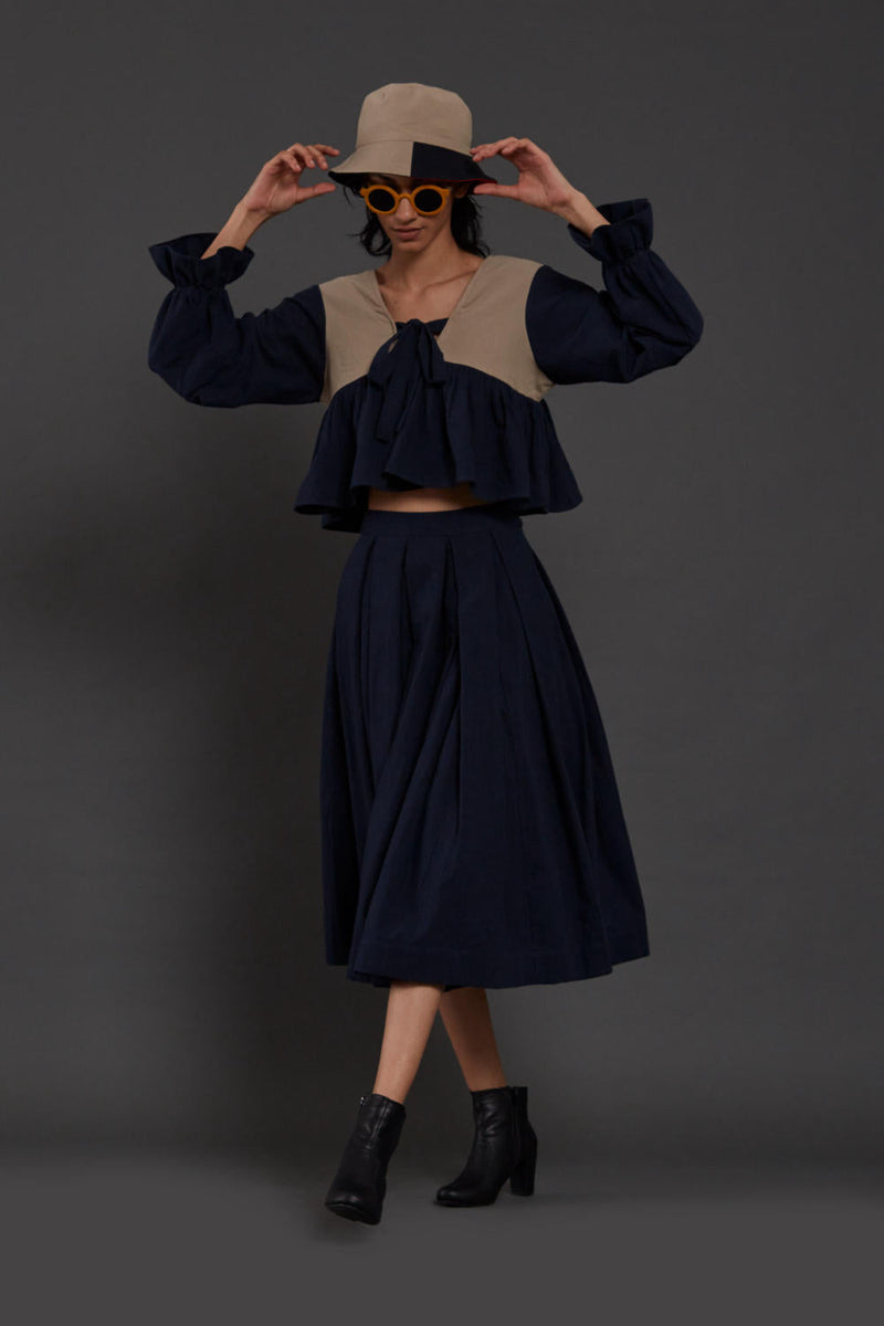 Navy Blue & Beige Bow Set Co-ord Set,Skirts,Top & Tunics by Mati for women Worldwide