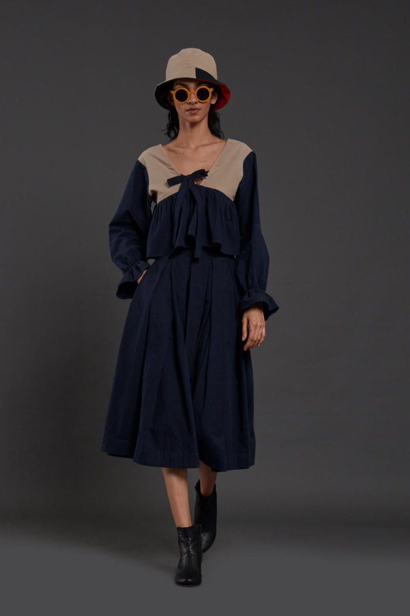 Navy Blue & Beige Bow Set Co-ord Set,Skirts,Top & Tunics by Mati for women Worldwide